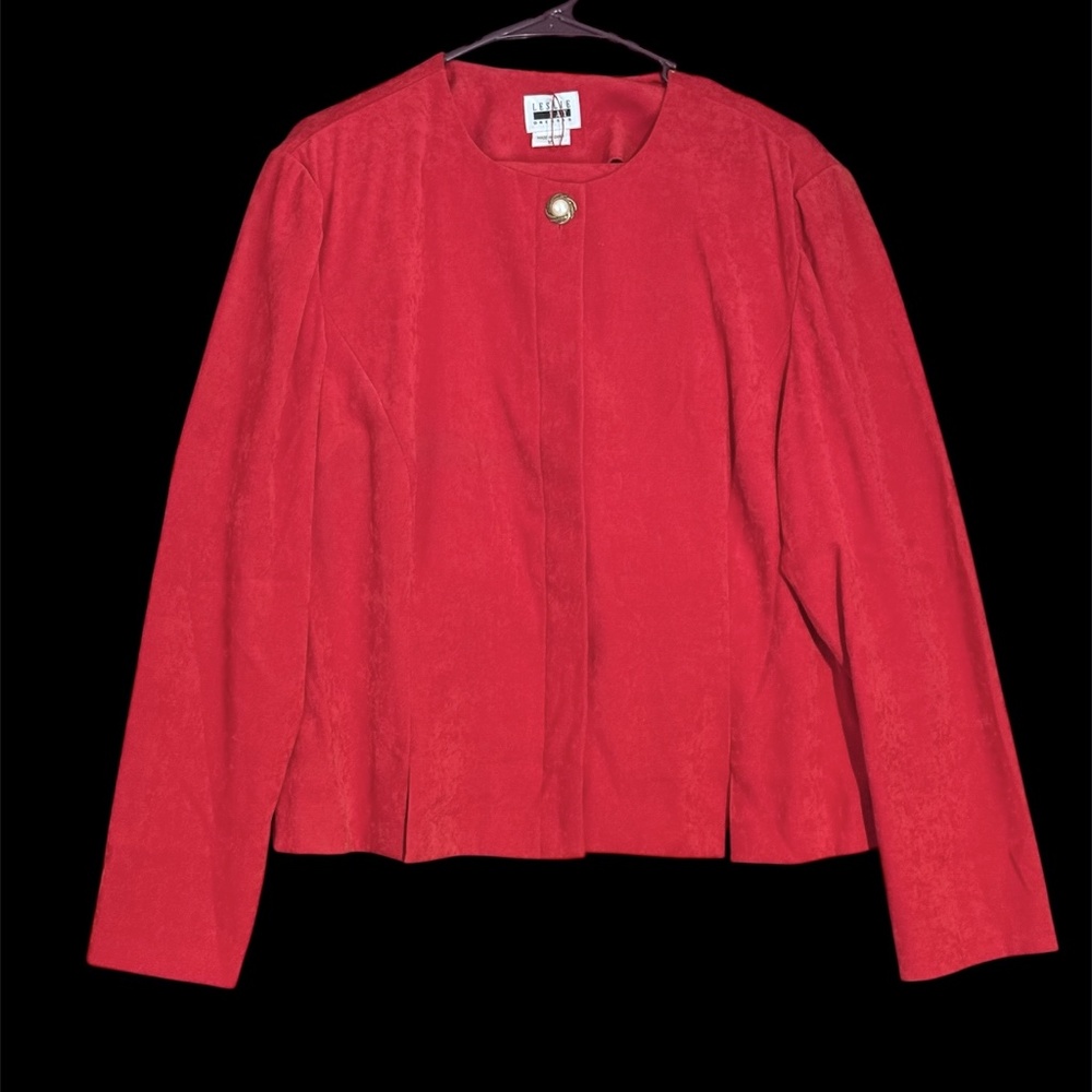 NWOT VTG Leslie Fay 2pc Set Red Faux Suede Career Suit Midi Skirt Blazer Top 16